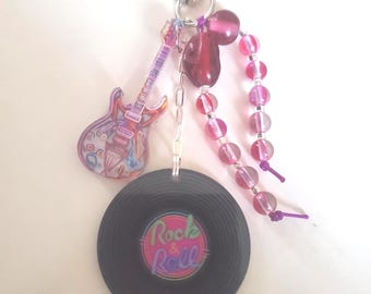 Rock and Roll Vinyl Record Guitar Bag Charm: Pink Beaded Keychain