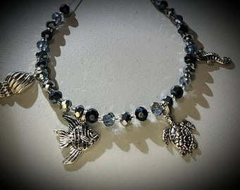 Under The Sea Angel Fish Seashell Turtle Seahorse Stretch Charm Bracelet Blue Glass Clear Glass Seed Beads Beaded Bracelet Statement Jewelry