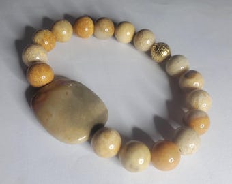 African Jasper And Bamboo Coral Gemstone Beaded Stretch Bracelet Statement Jewelry