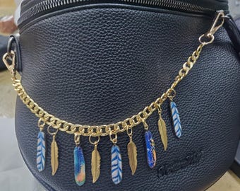 Feathers Bag Chain: Blue Gold Feathers Handbag Dangle Charm - 12"