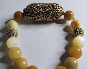 Tibetan Gold Brushed Jade Bracelet: Mother of Pearl Bohemian Jewelry