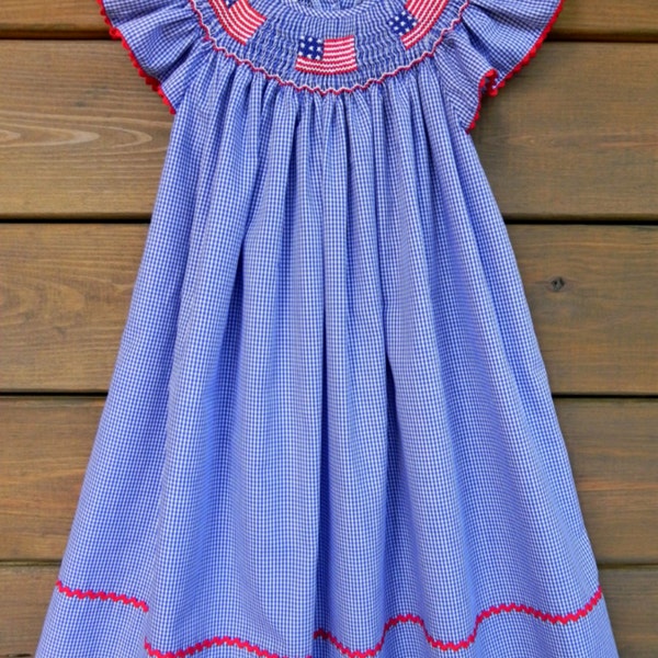 Patriotic Flags Smocked Bishop Dress - Blue Gingham