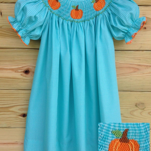 Pumpkin Smocked Bishop Dress ~ Turquoise Gingham