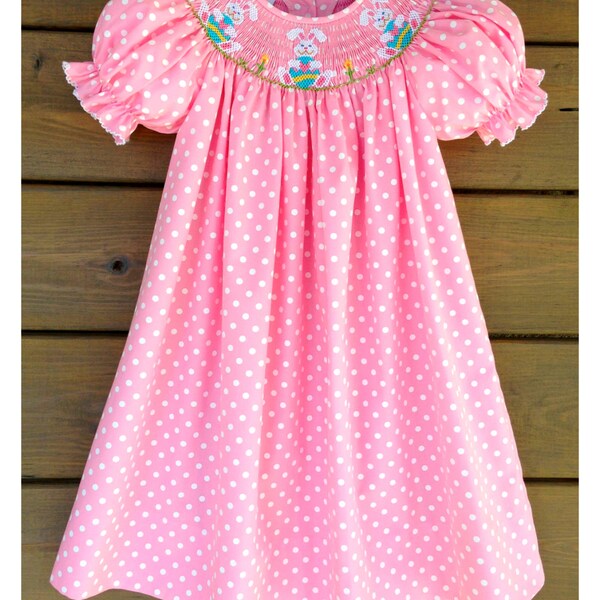 Easter Bunny Smocked Bishop Dress ~ Pink With White Polka Dots