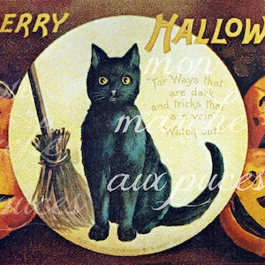 INSTANT DOWNLOAD Antique Victorian Halloween Black Cat Jack-O-Lanterns Postcard Angel Paper Ephemera Junk Journaling Scrapbooking Paper