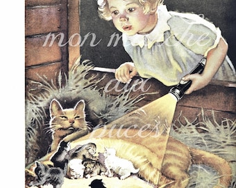 INSTANT DIGITAL DOWNLOAD Vintage Children Book Illustration 1930s Kitten Family Nursery Room Child Decor Printable Wall Art