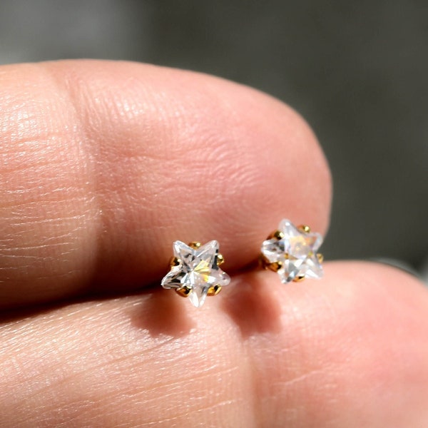 Zircon 4mm Star earrings, crystal studs earrings, stainless steel, second earring, piercing, surgical steel posts, stone gold colour