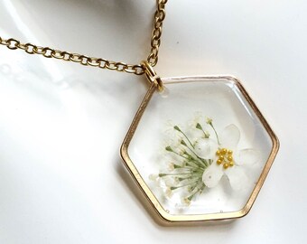 Real flower necklace, hexagon pendant, forget-me-not and Anne s lace, nature blossom white, mother gift, girlfriend gift, for wife, wedding