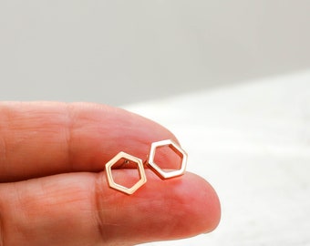 Honey comb, gold hexagon stainless steel earrings stud, jewelry minimalist, tiny posts, unique posts