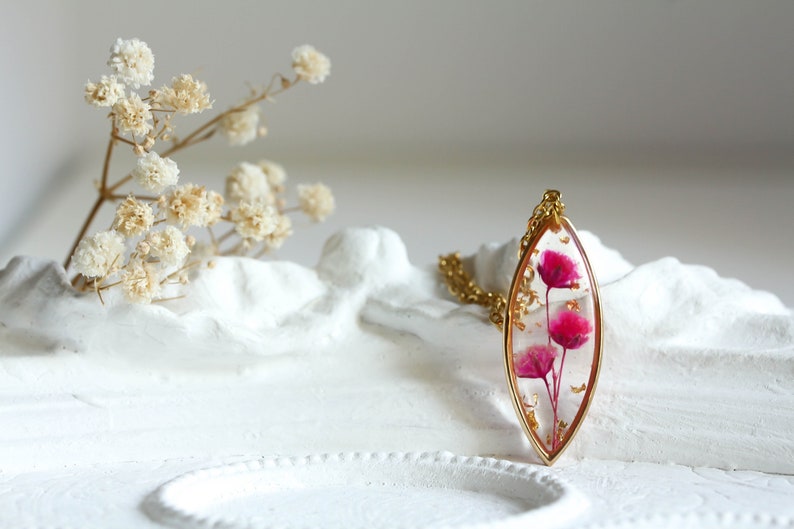 allergy for wife mother gift boho wedding jewelry small pink pendant Real flower necklace real bloom girlfriend gift surgical steel