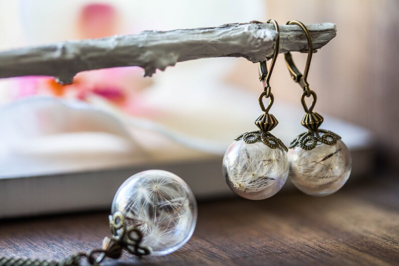 real dandelion Set Necklace and earrings gift for mom earrings necklace gift for her terrarium gift for woman Raffinesse Jewelry set
