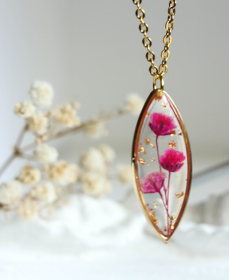 allergy for wife mother gift boho wedding jewelry small pink pendant Real flower necklace real bloom girlfriend gift surgical steel
