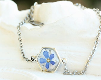 Small and delicate necklace, Myosotis sylvatica, forget-me-not jewelry, hexagon, minimalist flower, unique gifts, pressed flower, blossom