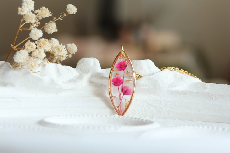allergy for wife mother gift boho wedding jewelry small pink pendant Real flower necklace real bloom girlfriend gift surgical steel
