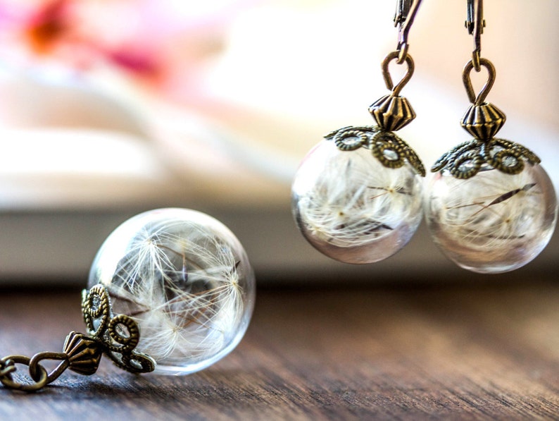real dandelion Set Necklace and earrings gift for mom earrings necklace gift for her terrarium gift for woman Raffinesse Jewelry set