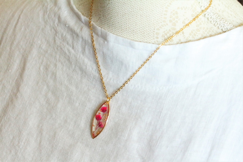 allergy for wife mother gift boho wedding jewelry small pink pendant Real flower necklace real bloom girlfriend gift surgical steel