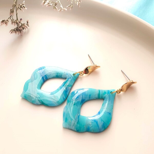 Boucles d’oreilles en argile polymère de marbre, goujons de gouttes, couleur or vert-turquoise, argile polymère fimo, boucles d’oreilles minimalistes, cadeaux pour vous