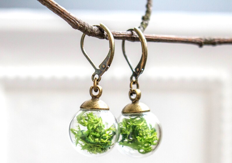 glass globe Jewelry Woman springlike glass globe french earrings green Moss Real Moss earrings vial ball earrings transparent earrings