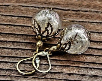 Dandelion Earrings, real Dandelion,  Bronze earrings, glass globe earrings. wish dandelion seeds Earrings. glass ball earrings. glass globe