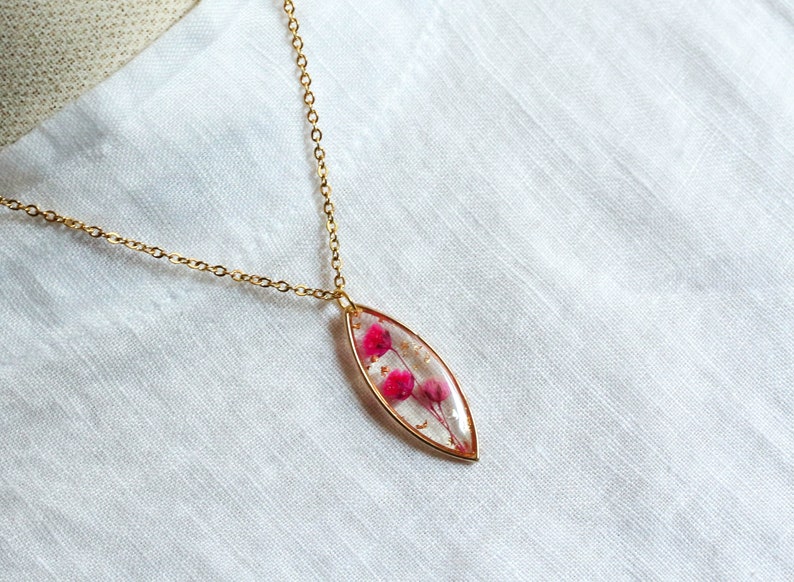allergy for wife mother gift boho wedding jewelry small pink pendant Real flower necklace real bloom girlfriend gift surgical steel