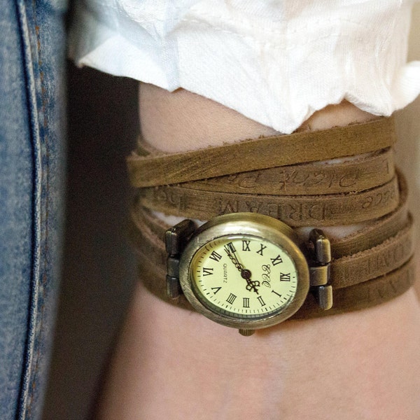 Wrist watch, Woman Watch, genuine leather, wrap watch, bracelet watch real leather, vintage watch, bronze watch, boho watch, antique watch