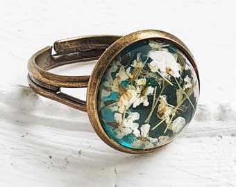 Blumen Ring, Blumenschmuck, Blumen gepresst, grün  Schmuck, Geschenk, Boho Ring, unikat Ring, Vintage Ring, brnze, ancient