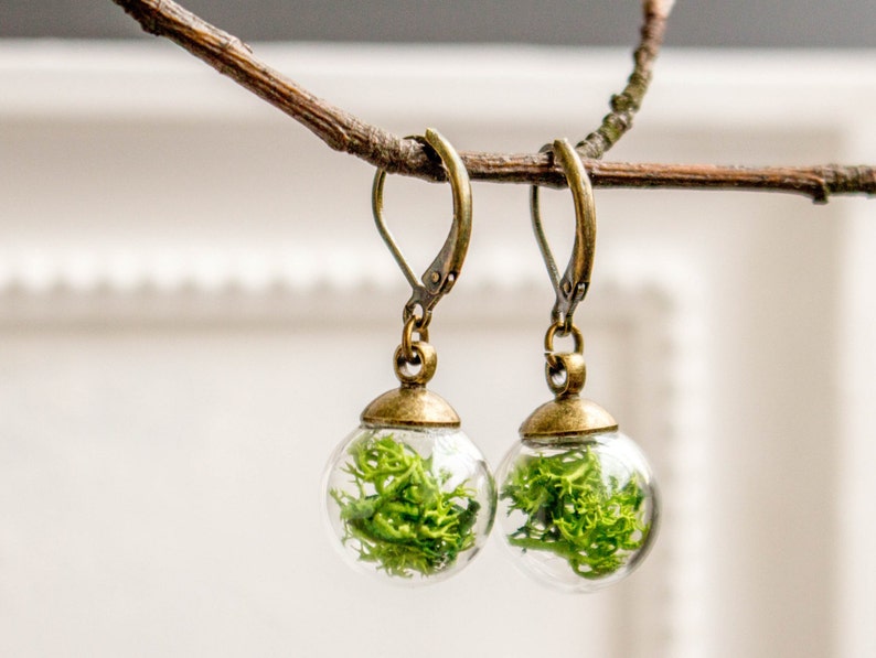 glass globe Jewelry Woman springlike glass globe french earrings green Moss Real Moss earrings vial ball earrings transparent earrings