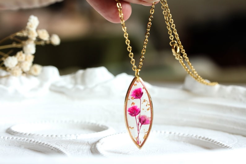 allergy for wife mother gift boho wedding jewelry small pink pendant Real flower necklace real bloom girlfriend gift surgical steel