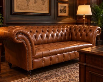May include: A tan leather Chesterfield sofa featuring deep button tufting, rolled arms, and brass nailhead trim. The sofa has a low back and sits on dark wooden feet, positioned in a room with dark wood paneling and a patterned area rug.