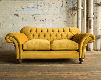 2 Seater Mustard Velvet Fabric Chesterfield Sofa, British Handmade