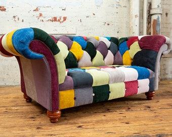 2 Seater Multicoloured Patchwork Velvet Chesterfield Sofa, Unique British Handmade Furniture