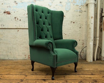 Emerald Green  Velvet Chesterfield High Back Wing Chair, Fireside, British Handmade