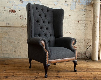 British Handmade Dark Grey Herringbone Wool High Back Wing Chair