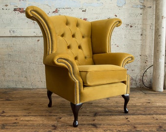 British Handmade Mustard Velvet Fabric Chesterfield Wing Chair