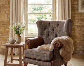 British Handmade Tan Brown Herringbone Tweed with Antique Tan Leather High Round Back Wing Chair