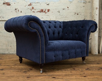 Navy Blue Velvet Chesterfield Snuggle Chair, British Handmade