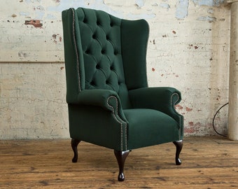British Handmade Deep Emerald Green House Velvet Chesterfield Highback Wing Chair