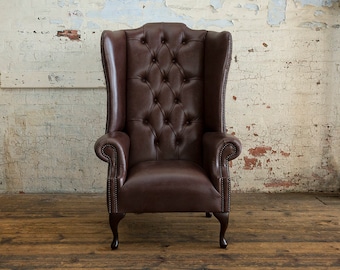 British Handmade Old Vintage Dark Brown Leather Chesterfield Highback Wing Chair