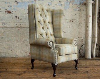 British Handmade Beige Mustard Tartan Wool Chesterfield High Back Wing Chair - Other Colours +