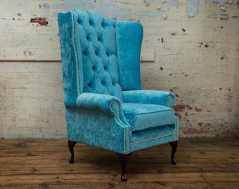 British Handmade Bright Turquoise Blue Velvet Chesterfield High Back Wing Chair