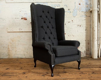 Large Charcoal Grey Herringbone Wool Chesterfield High Back Wing Chair, British Handmade