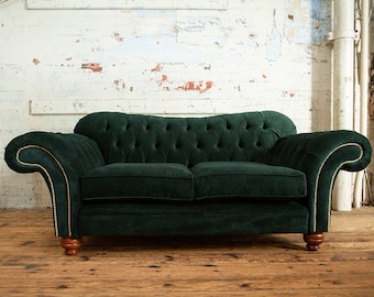 British Handmade 2 Seater Dark Green Textured Velvet Chesterfield