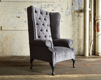 British Handmade Slate Grey Velvet Chesterfield Highback Wing Chair