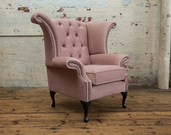 British Handmade Dusty Pink Velvet Chesterfield Wing Chair