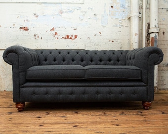 British Handmade 3 Seater Dark Grey Herringbone Wool Chesterfield Sofa