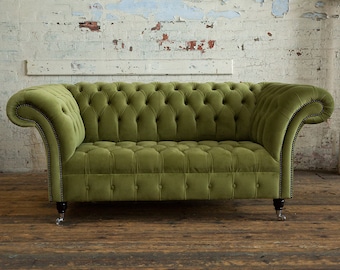 British Handmade 2 Seater Plush Olive Green Velvet Chesterfield Sofa