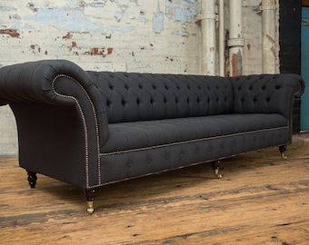 Handmade Large 4 Seater Charcoal Grey Herringbone Wool Chesterfield Sofa - Other Colours Available +