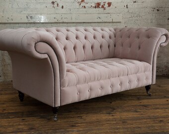 2 Seater Pink Velvet Fabric Chesterfield Sofa, British Handmade