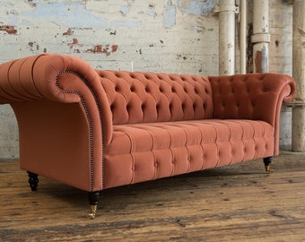 3 Seater Burnt Orange Velvet Chesterfield Sofa British Handmade