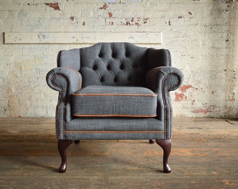 Unique British Handmade Grey Wool Chesterfield Short Office Dining Wing Chair - Reflex Foam Cushion Seat